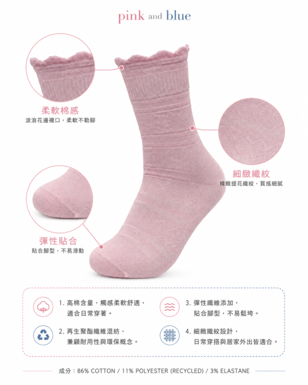 柔棉花邊中筒襪|荷葉襪口・混色5雙入|襪款組合與細節 花邊中筒襪|襪款組合與細節