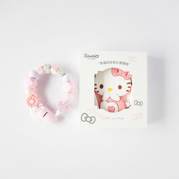 Hello Kitty 固齒器奶嘴鏈套組－mimi 雛菊 仙人掌 盒，客製名字示意