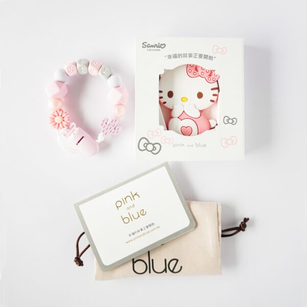 Hello Kitty 固齒器奶嘴鏈套組－mimi 雛菊 仙人掌 盒 袋 卡，客製名字示意