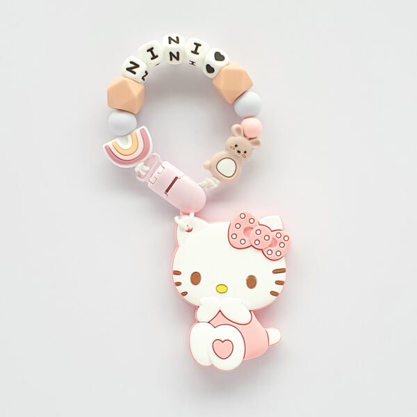 Hello Kitty 固齒器奶嘴鏈套組－nini 彩虹 愛心 兔子，客製名字示意