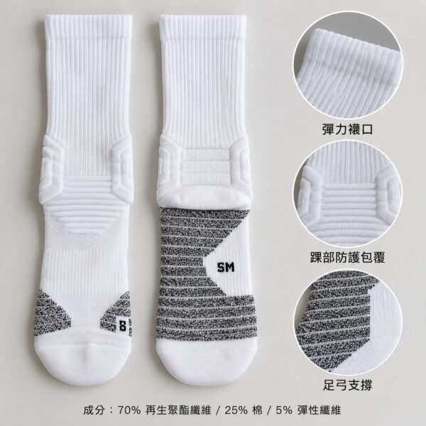 專業機能籃球襪｜左右腳設計・足弓支撐・加厚緩震｜白／黑 1雙入